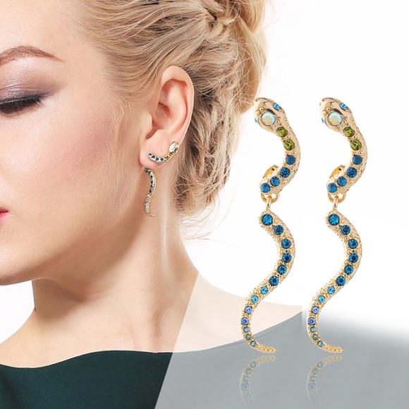 Rhinestone Snake Ear Jacket Gold Serpent Earrings - Picture 2 of 9